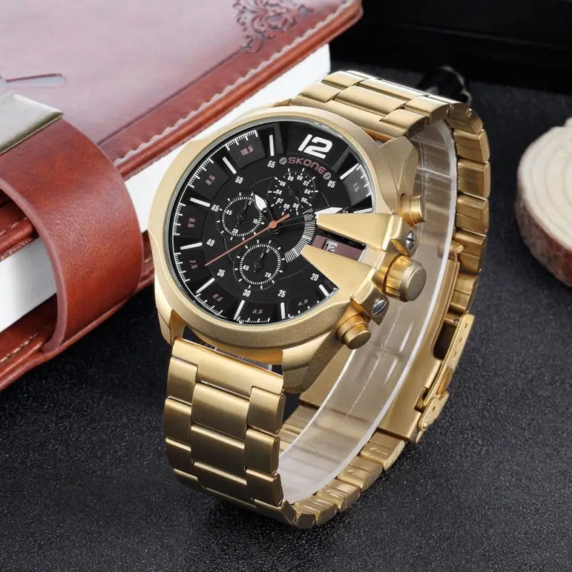 SKONE 7428 Chronograph Quartz Watch — 45mm, Day/Date, Hardlex, Hidden Clasp
