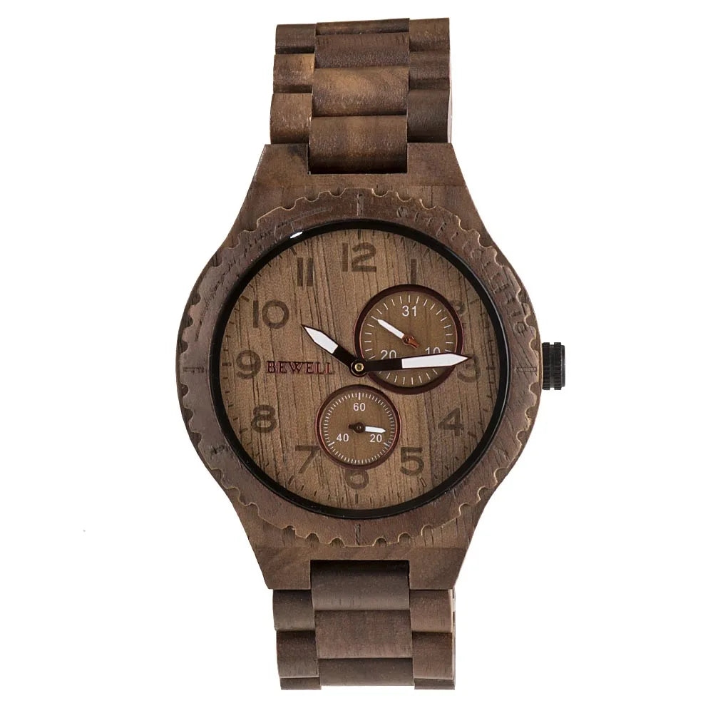 BEWELL Natural Wood Quartz Watch — 45mm, Japanese Movement