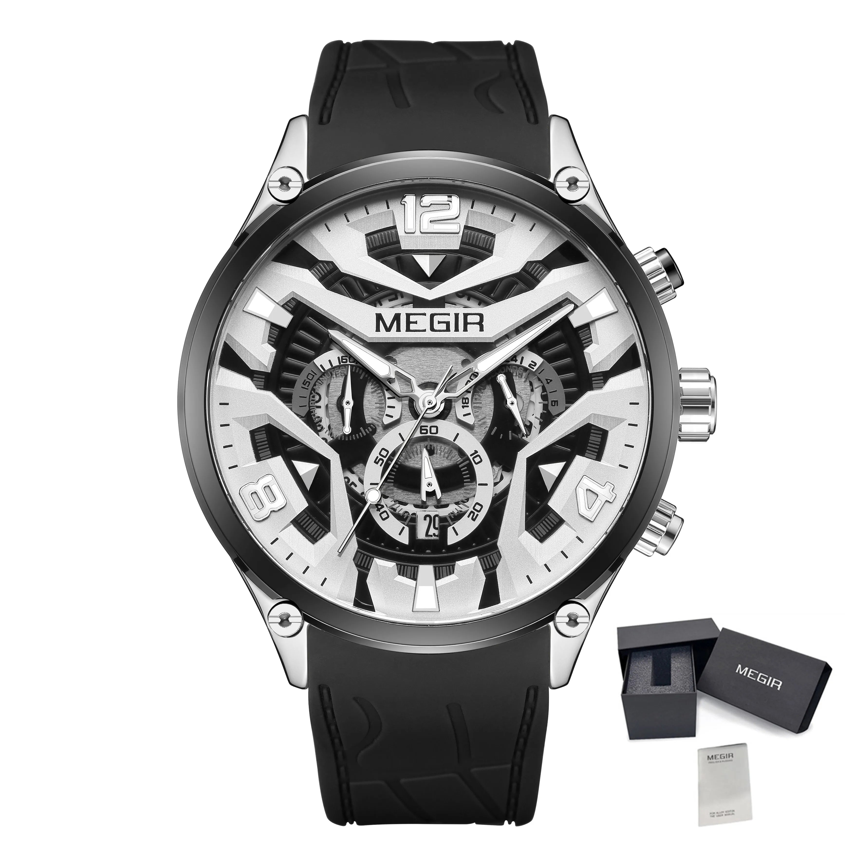 MEGIR 2222 Chronograph Silicone Watch — 43mm, Luminous, Day/Date
