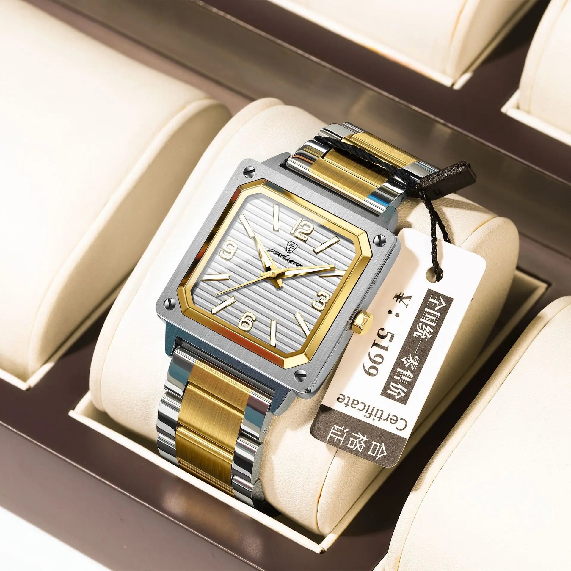 POEDAGAR 870 Big Dial Square Quartz Watch — Day/Date, Stainless, 3BAR