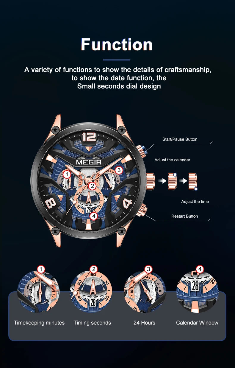 MEGIR 2222 Chronograph Silicone Watch — 43mm, Luminous, Day/Date