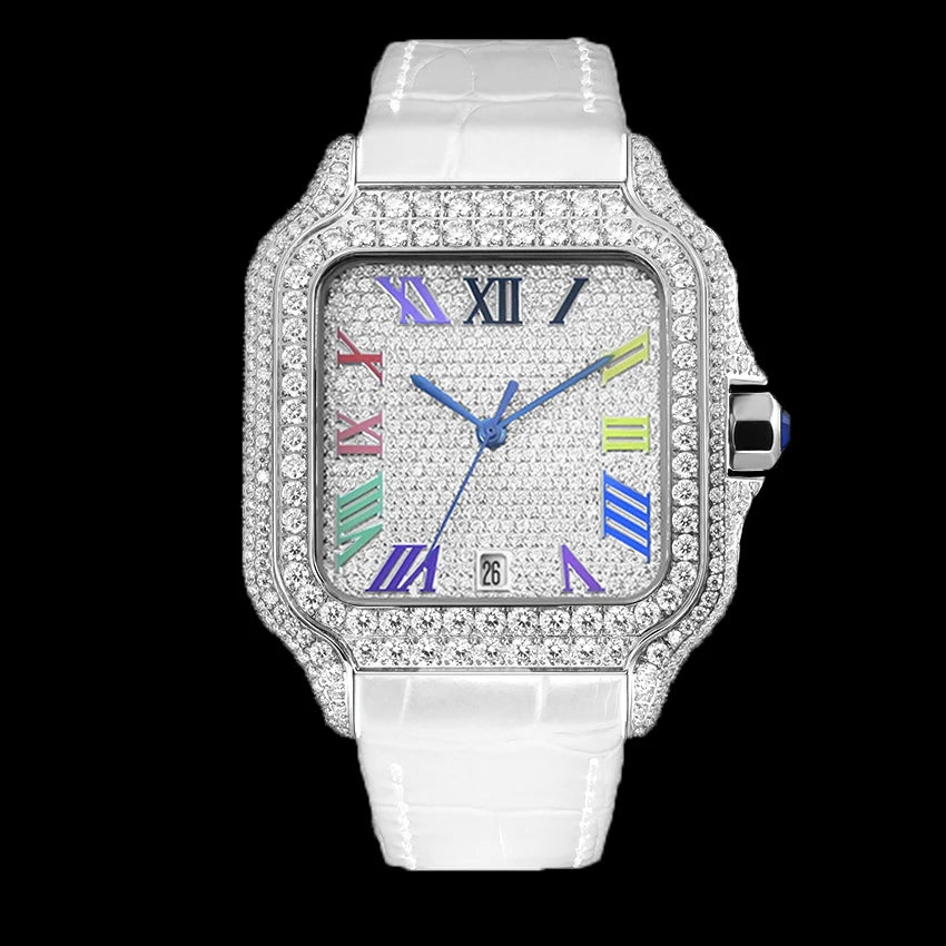 Hip Hop Square Moissanite Watch — Automatic, Leather Strap, Sapphire