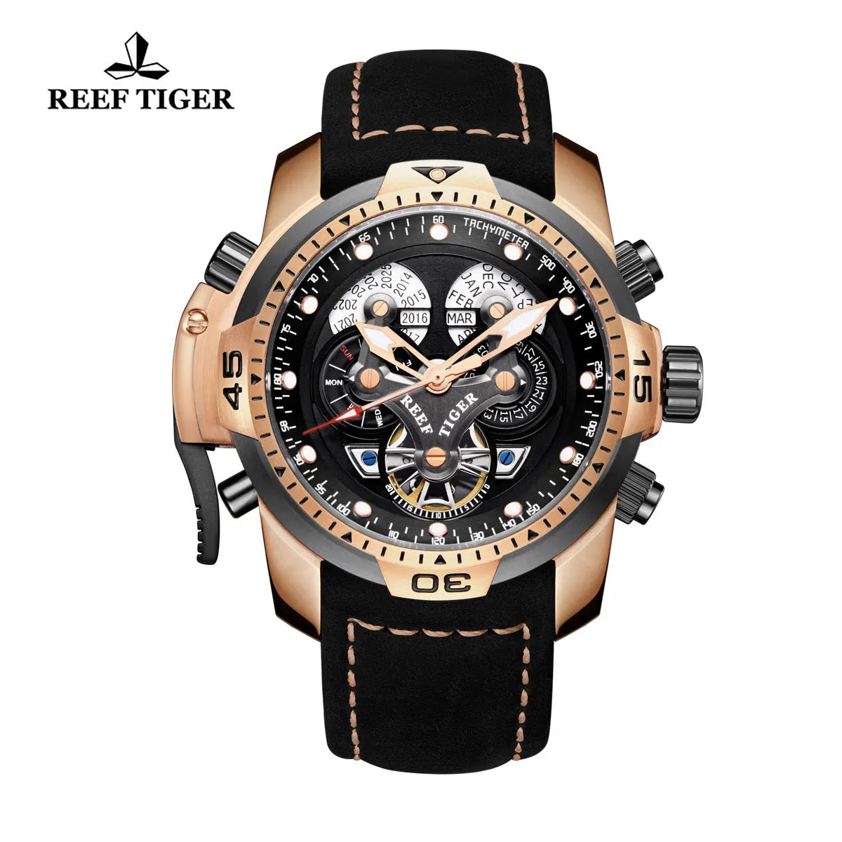 Reef Tiger Rose Gold Automatic Watch — 46mm, Sapphire, 10BAR, Luminous