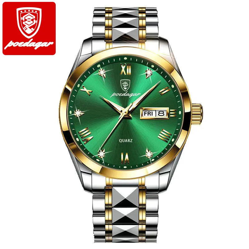 POEDAGAR Green Dial Stainless Sport Watch — Shock Resistant, Luminous, 3BAR