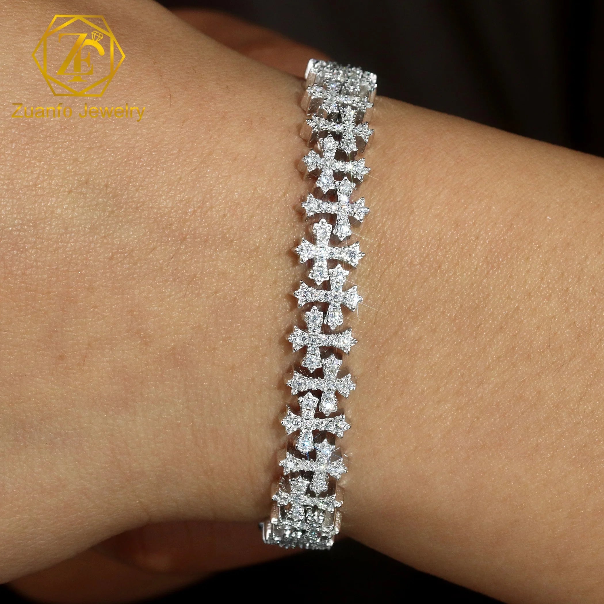 Custom Heart & Cross Design 925 Silver Gold Plated Hip Hop Style Cuban Link Chain Bracelet with Moissanite Stones