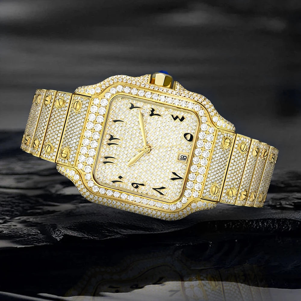 Full Diamond VVS1 Moissanite Sport Watch — Square Case, Sapphire, Butterfly Clasp