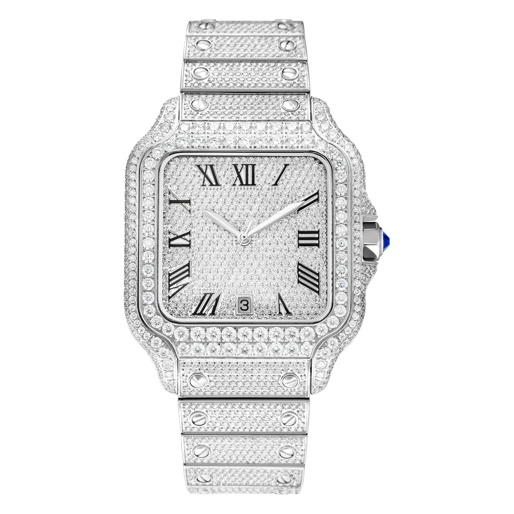 Full Diamond VVS1 Moissanite Sport Watch — Square Case, Sapphire, Butterfly Clasp