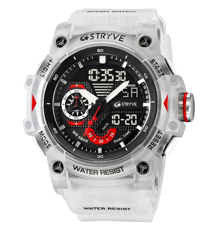 STRYVE LED Digital Watch — 52.5mm, Transparent, 5BAR, Alarm, Stopwatch