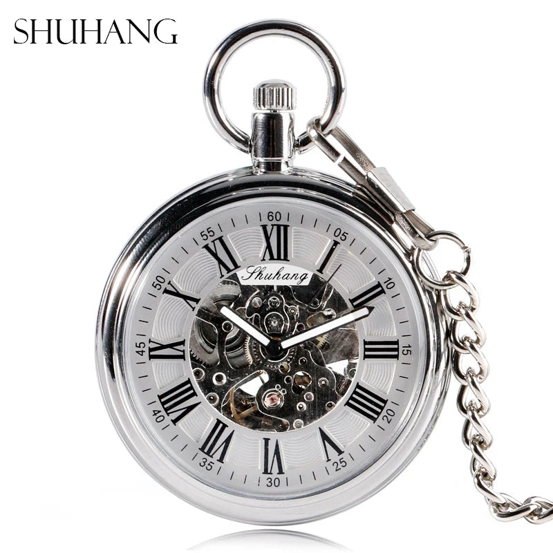 SHUHANG Automatic Mechanical Pocket Watch — Roman Numerals, Chain