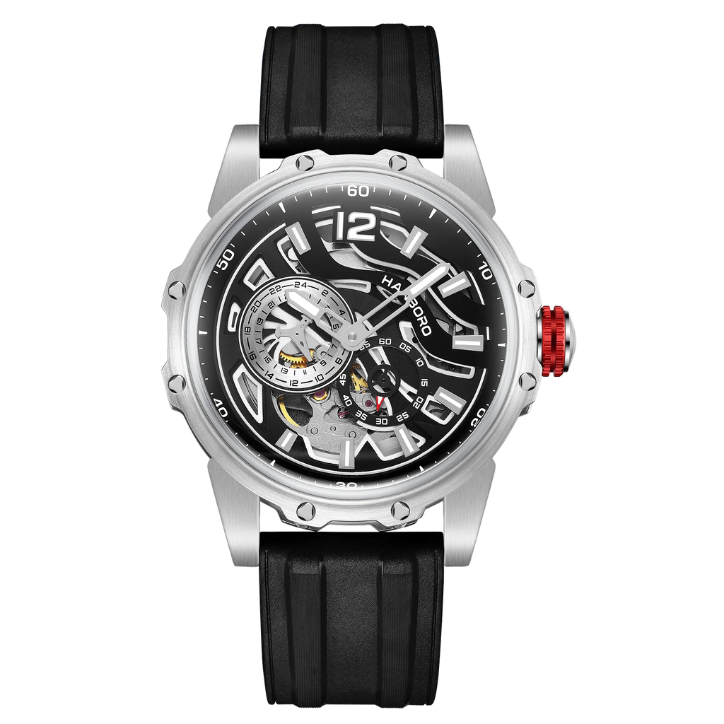 HANBORO Zebra Stripe Automatic Watch — 44mm Round, Crystal, Rubber Strap