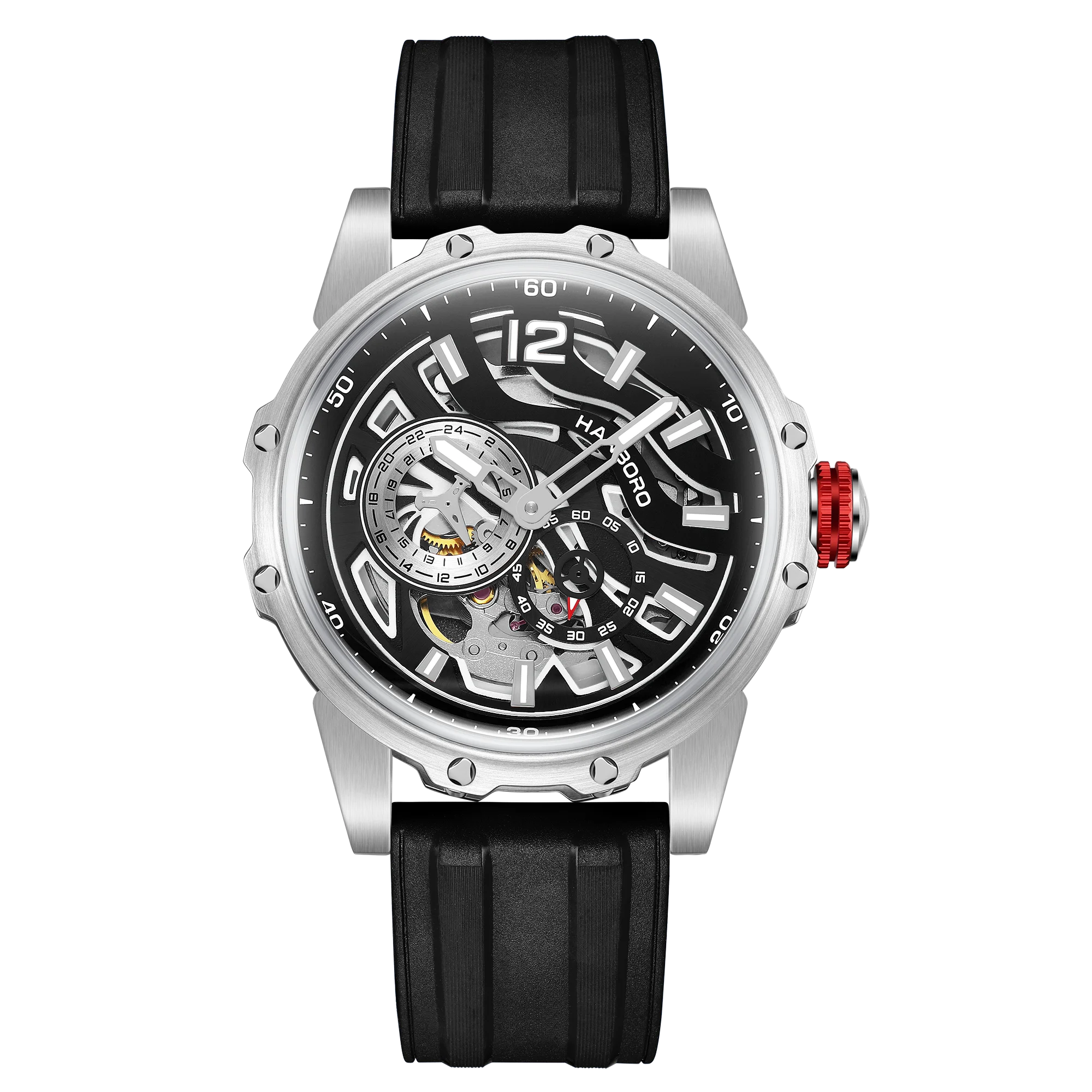 HANBORO Zebra Stripe Automatic Watch — 44mm Round, Crystal, Rubber Strap