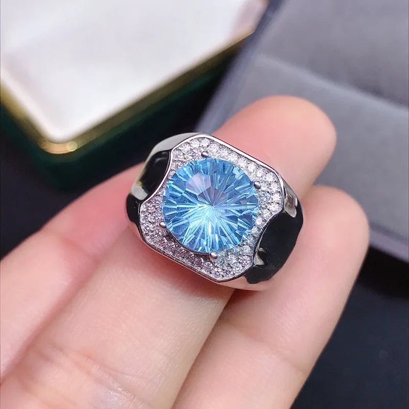 925 Sterling Silver 4CT Round Cut Blue Topaz Mens Halo Rings Silver Gemstone Engagement Rings