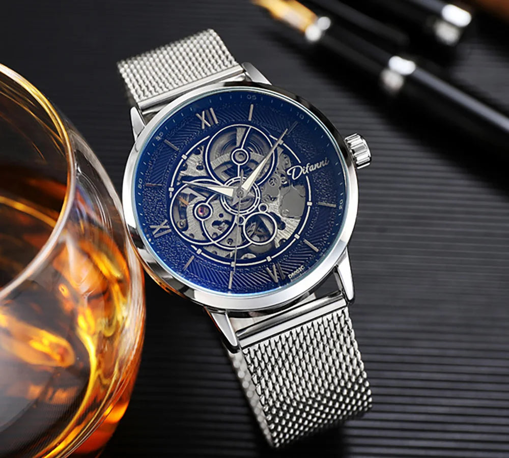 Men's Skeleton Automatic Watch — Leather or Milanese Mesh Band, 41mm