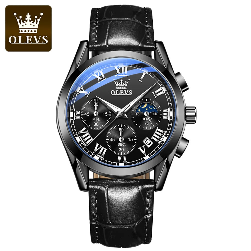 OLEVS 2871 Moon Phase Quartz Watch — 41mm, Leather, Hidden Clasp