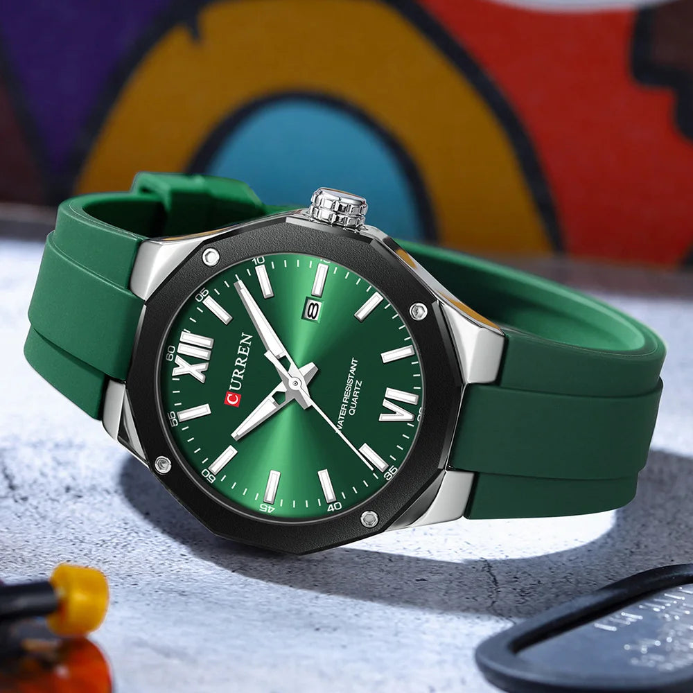 CURREN 8465 Business Silicone Quartz Watch — 42mm, Day/Date, Luminous