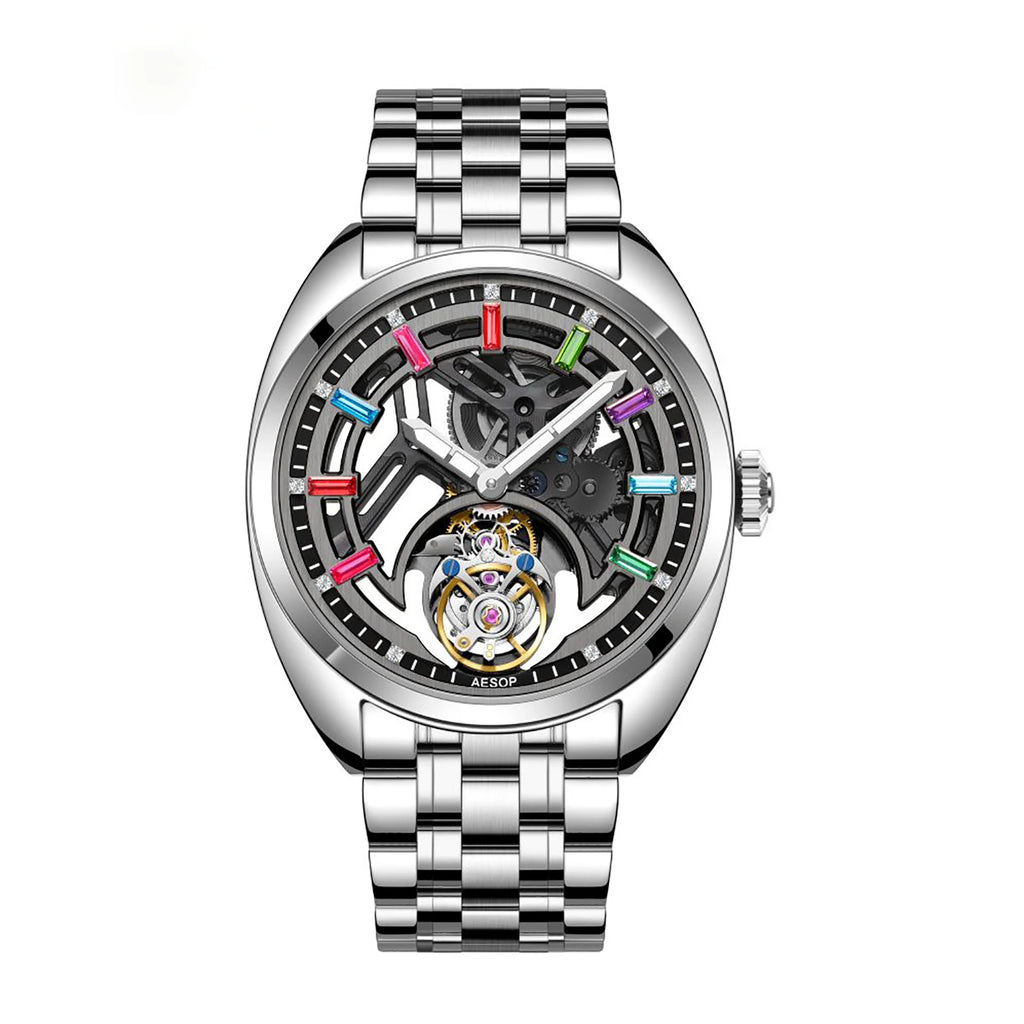 Fashion Gifts Aesop 7062 Skeleton Luminous Sapphire Crystal Tourbillon Mechanical Watch Men  Diamond Tourbillon Watches for Men
