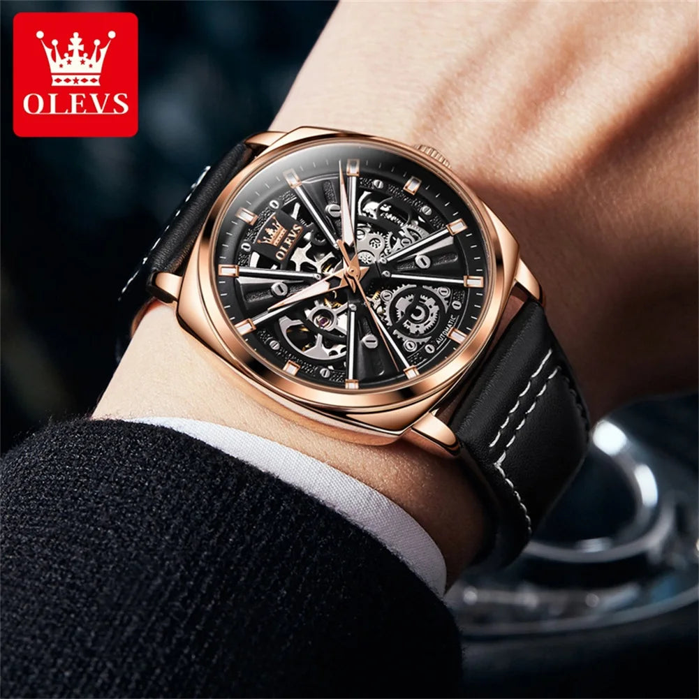OLEVS 6685 Luminous Skeleton Automatic Watch — Power Reserve, 3BAR