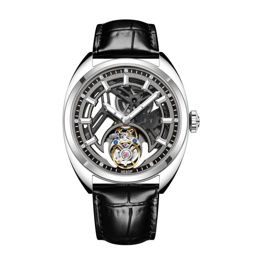 Flying Tourbillon Skeleton Color Diamond Watch — Square, Sapphire, Leather