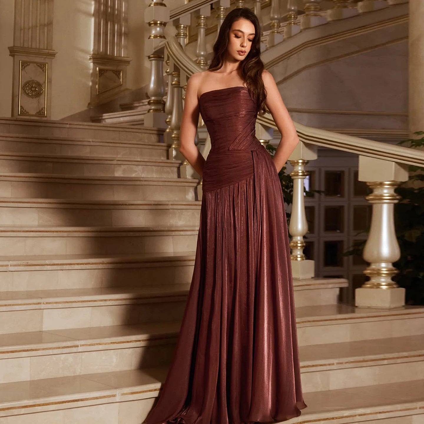 Sharon Said SF175 Rust Red a Line Evening Dress Side Skirt Pleated Draped Women's Simple Prom Party Gowns
