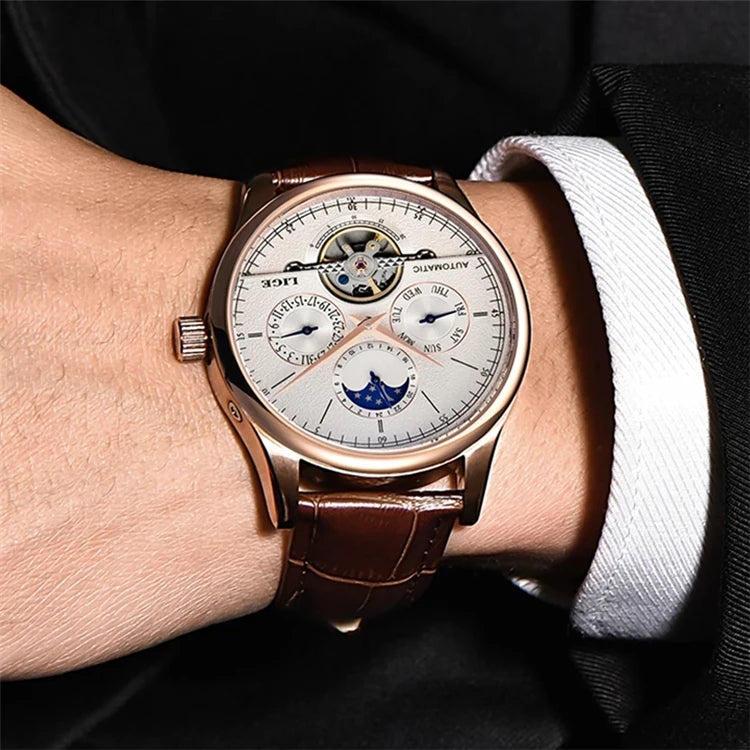 LIGE Skeleton Moon Phase Quartz Watch — 42mm, Leather, Japan Movement