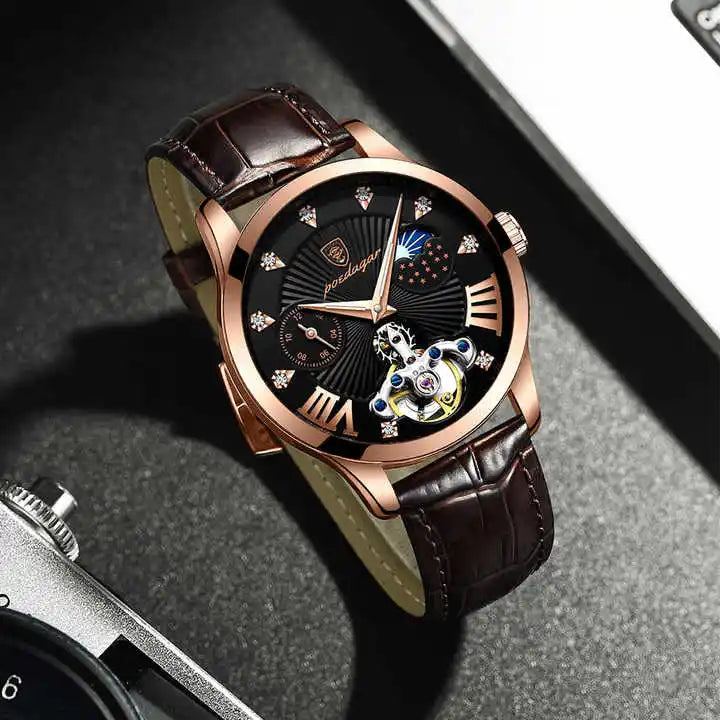 POEDAGAR 906 Diamond Leather Watch — 41mm Oval, Day/Date, Luminous