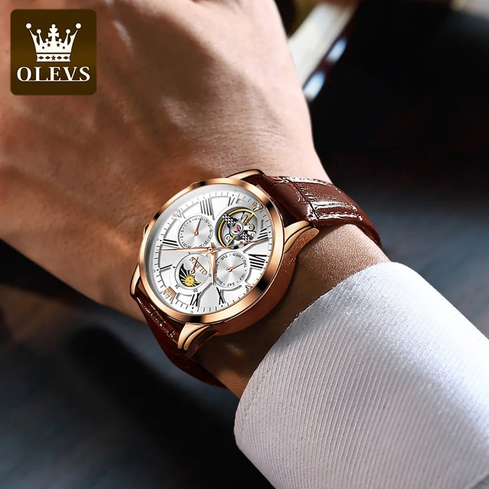 OLEVS 9912 Automatic Mechanical Watch — 40.5mm, Leather, Coated Glass