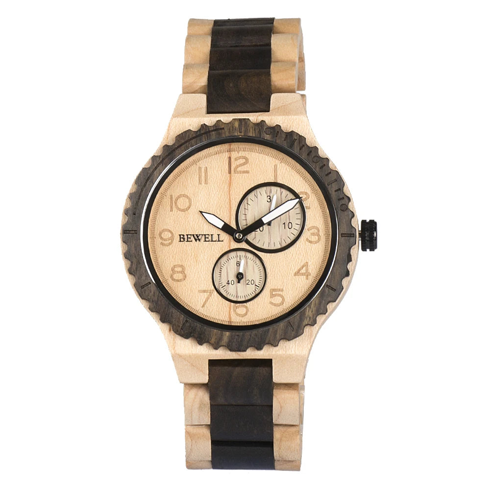 BEWELL Natural Wood Quartz Watch — 45mm, Japanese Movement
