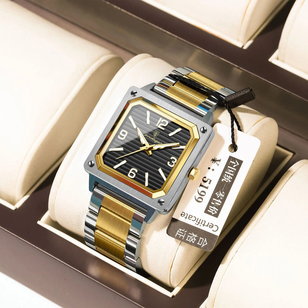 POEDAGAR 870 Big Dial Square Quartz Watch — Day/Date, Stainless, 3BAR