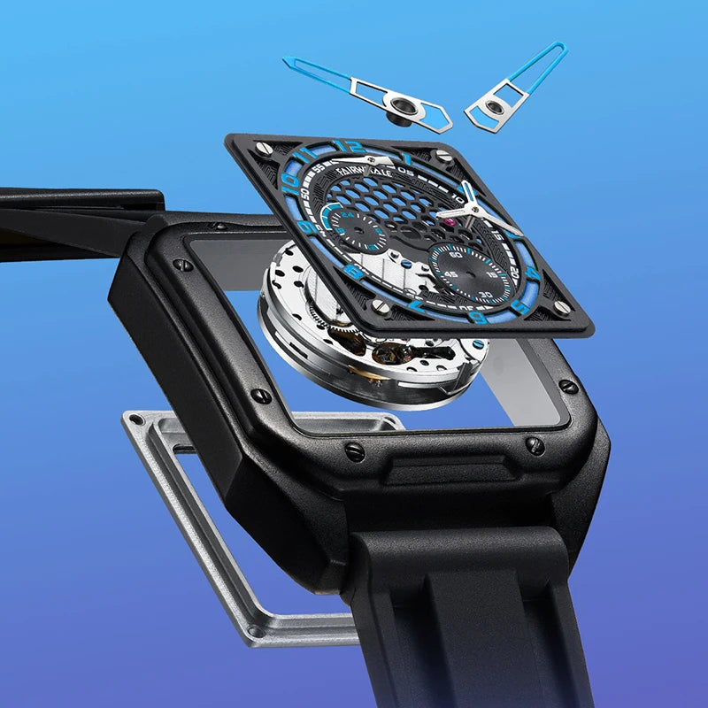 Fairwhale Skeleton Automatic Watch — Square Case, Silicone Strap, 3BAR