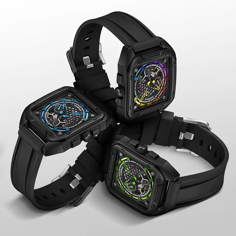 Fairwhale Skeleton Automatic Watch — Square Case, Silicone Strap, 3BAR