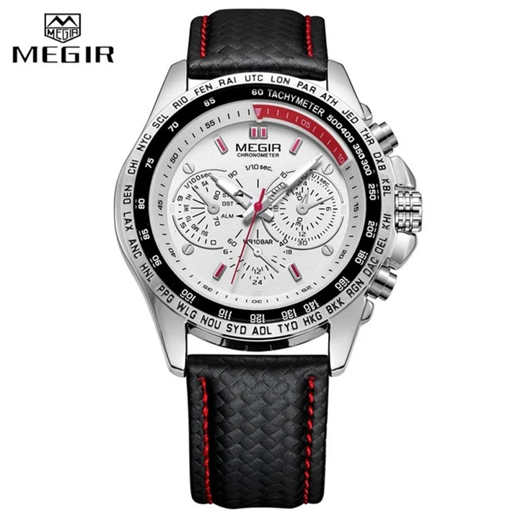 MEGIR 1010 Japan Quartz Chronograph Watch — 45mm, Leather, Luminous