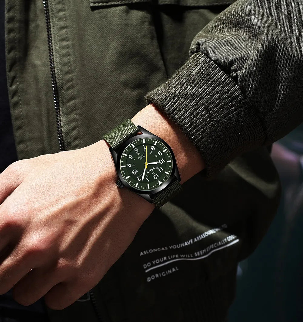 BIDEN 0321 NATO Nylon Quartz Watch — 42mm, 5BAR, Day/Date, Chronograph