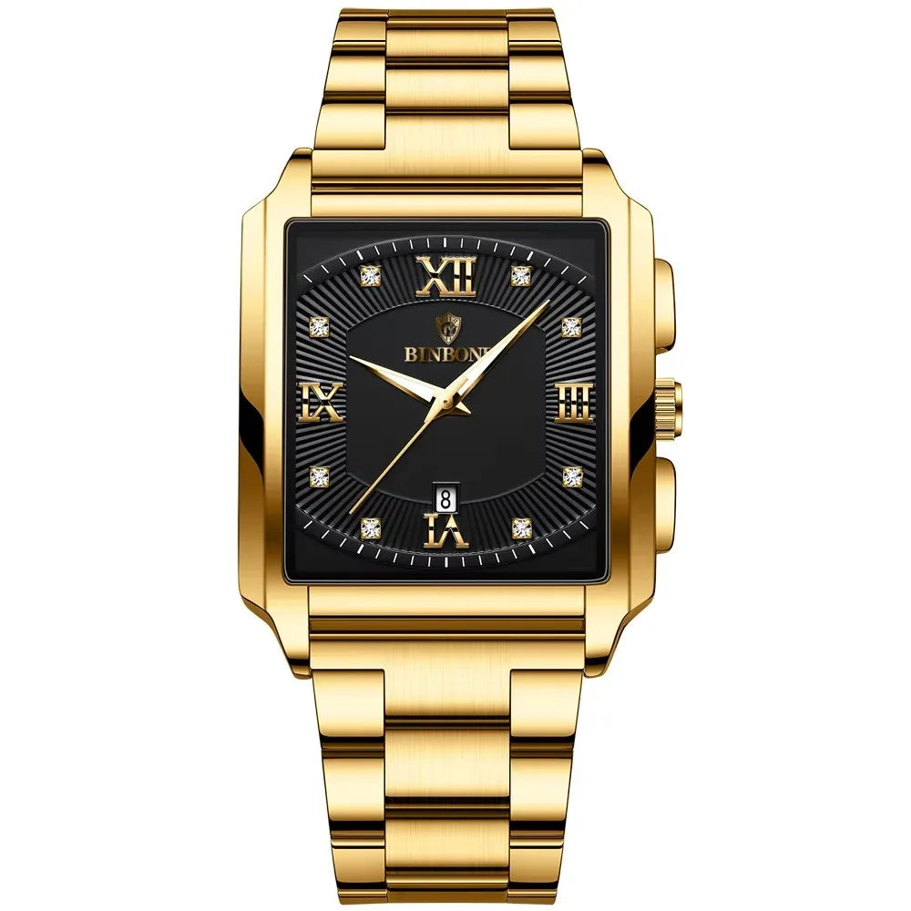 BINBOND B4143 Square Quartz Watch — 43mm, Luminous, Day/Date, 3BAR