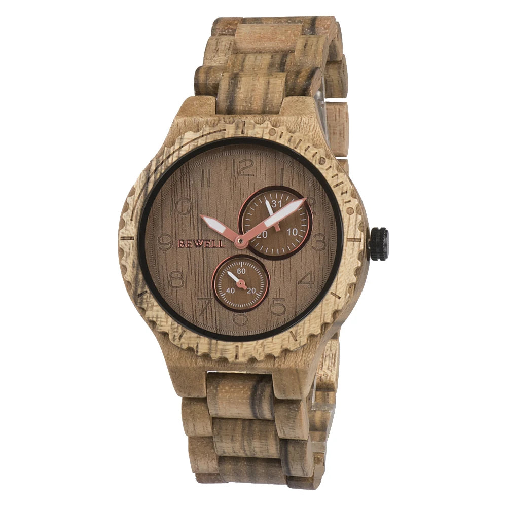 BEWELL Natural Wood Quartz Watch — 45mm, Japanese Movement