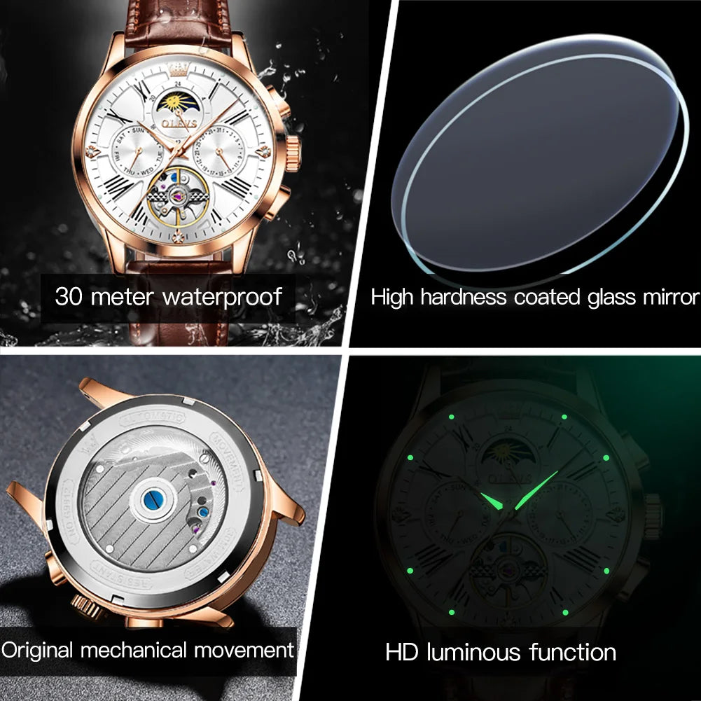 OLEVS 9912 Automatic Mechanical Watch — 40.5mm, Leather, Coated Glass