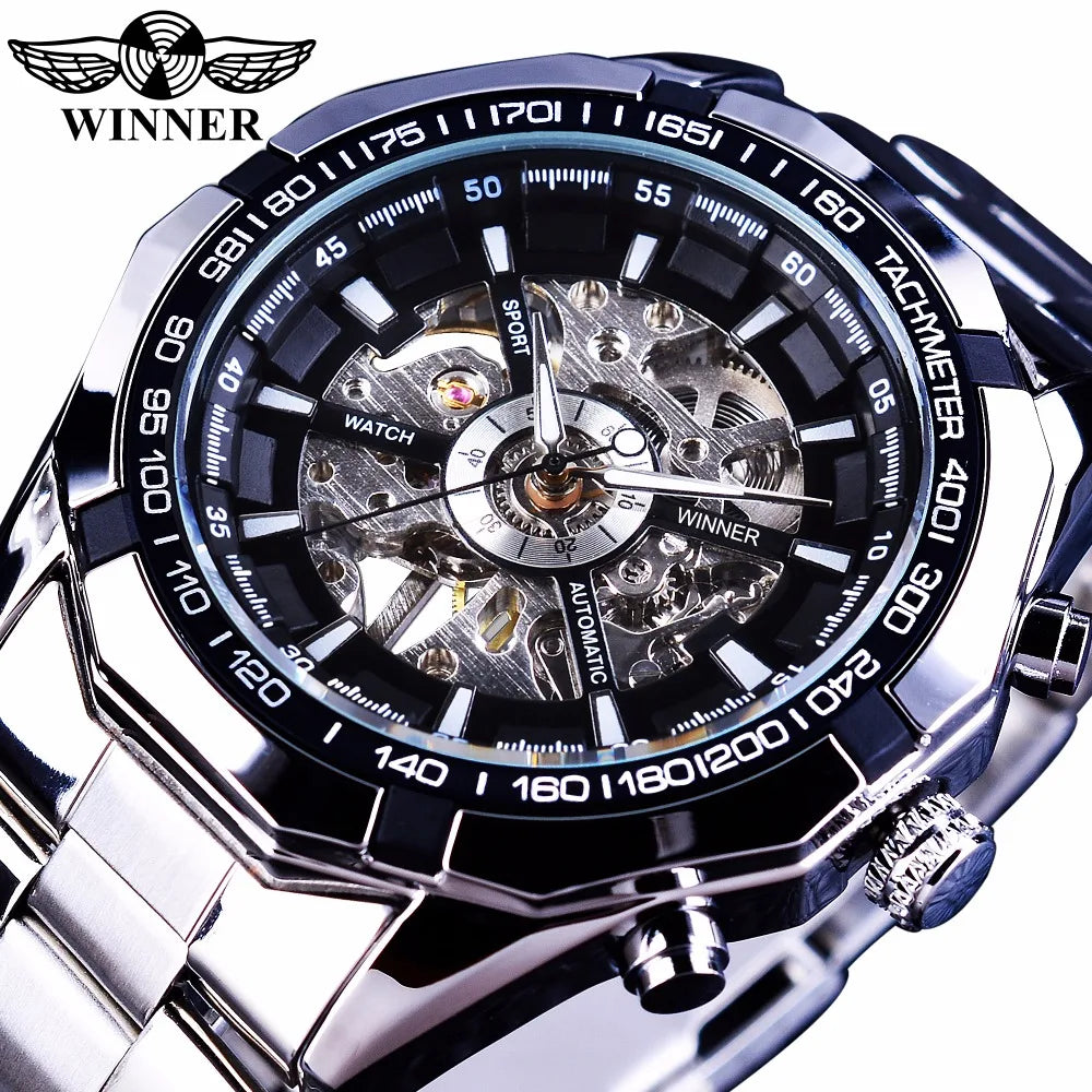 Winner Skeleton Automatic Watch — 45mm Oval, Luminous, Stainless
