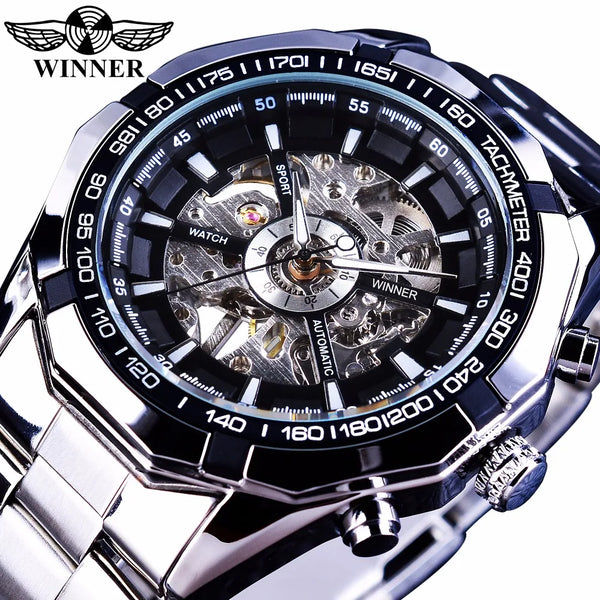 Winner Skeleton Automatic Watch — 45mm Oval, Luminous, Stainless
