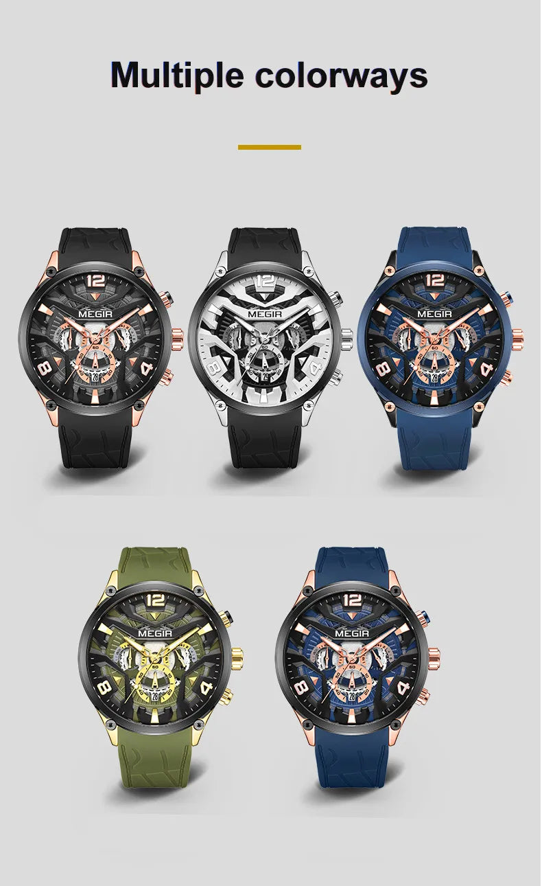 MEGIR 2222 Chronograph Silicone Watch — 43mm, Luminous, Day/Date