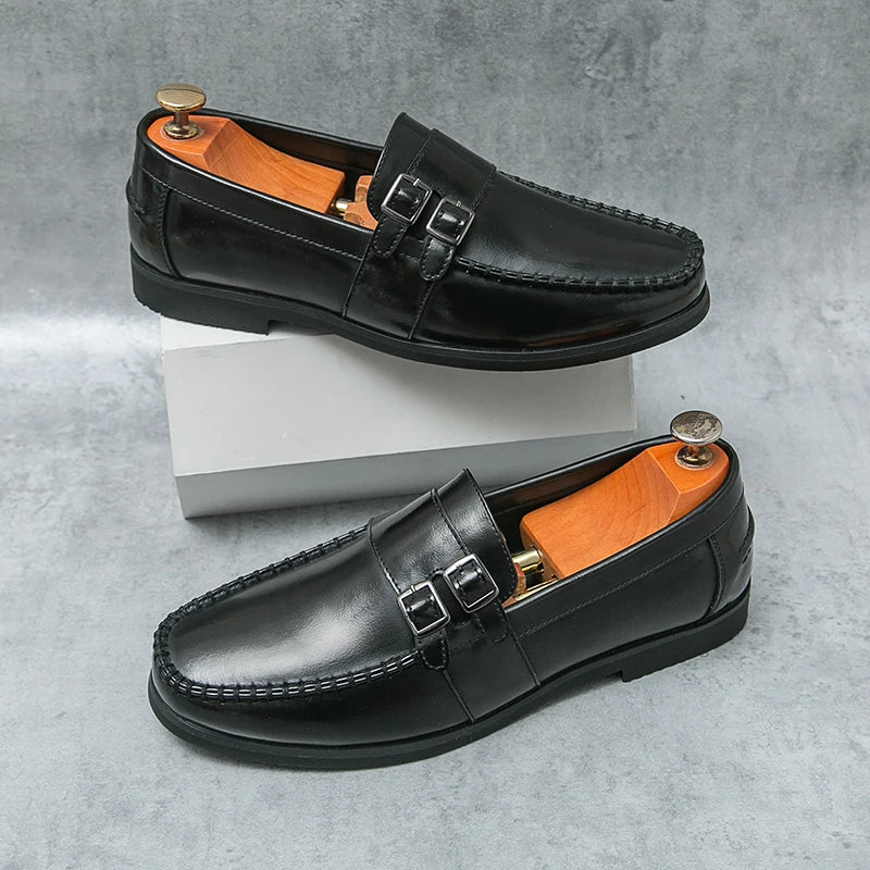 Red Color Double Monk Strap Shoes for Men Classic Comfortable Durable Flat Lightweight Slip on Casual Daily Dress Shoes