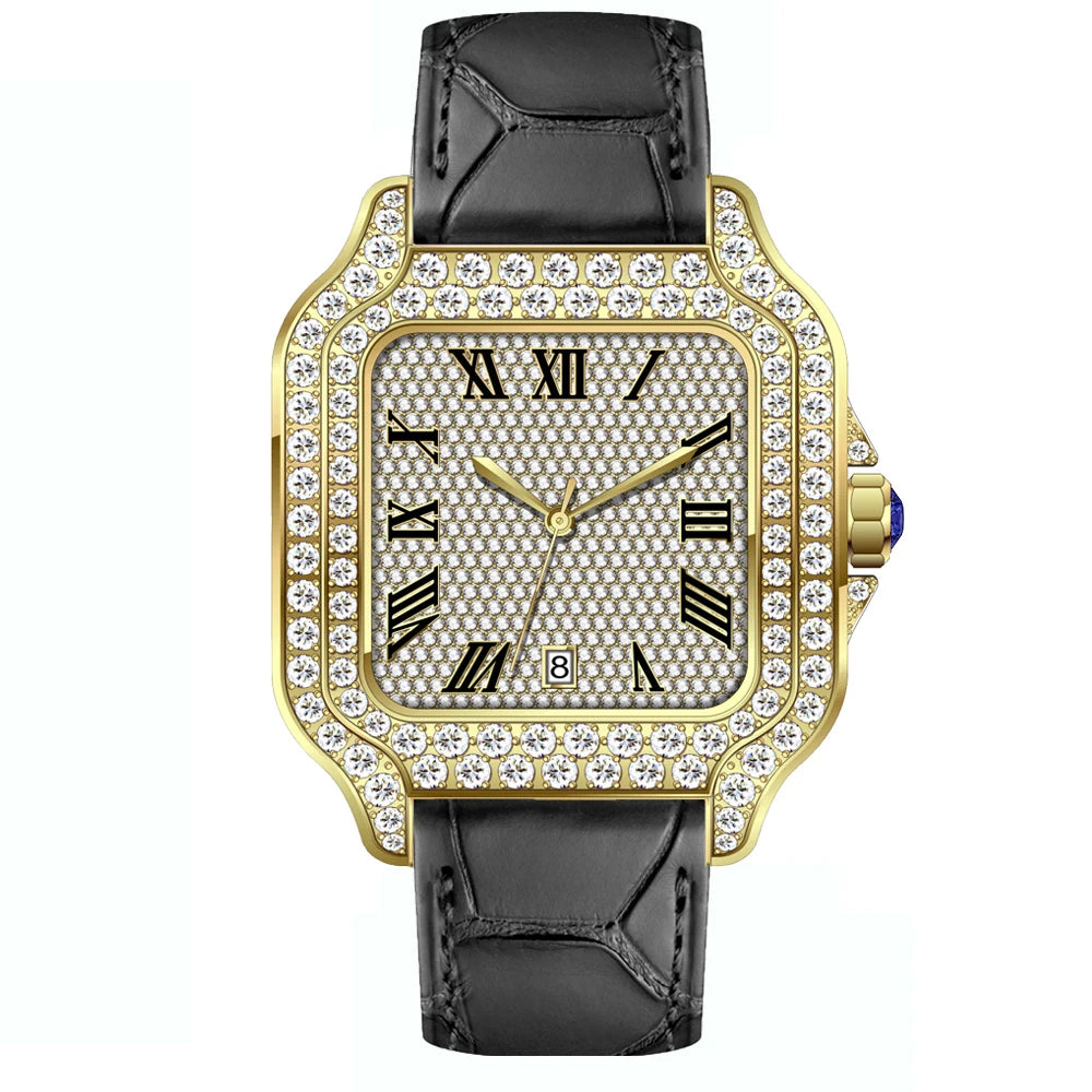 Hip Hop Square Moissanite Watch — Automatic, Leather Strap, Sapphire