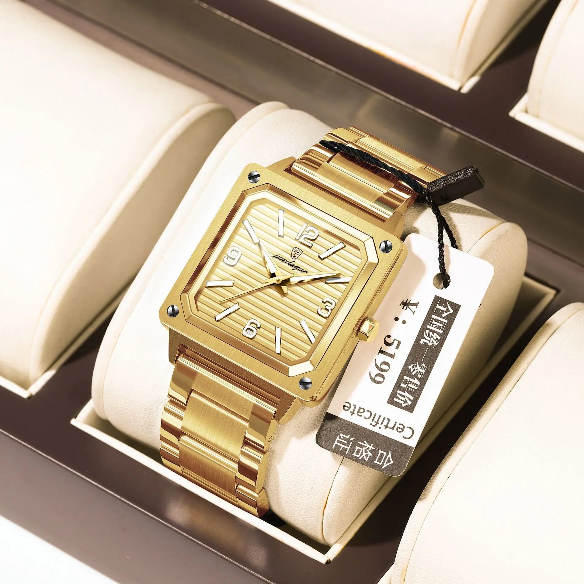 POEDAGAR 870 Big Dial Square Quartz Watch — Day/Date, Stainless, 3BAR