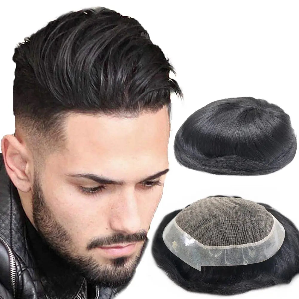 Australia Mens Toupee for Men Real Human Hair Piece Thin Skin Straight French Lace with PU Around Men's Hair Systems Hairpiece
