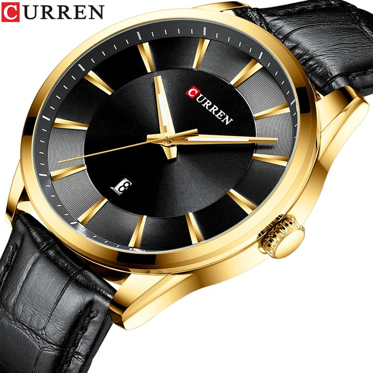 CURREN 8365 Slim Leather Quartz Watch — 45mm, Day/Date, Hardlex