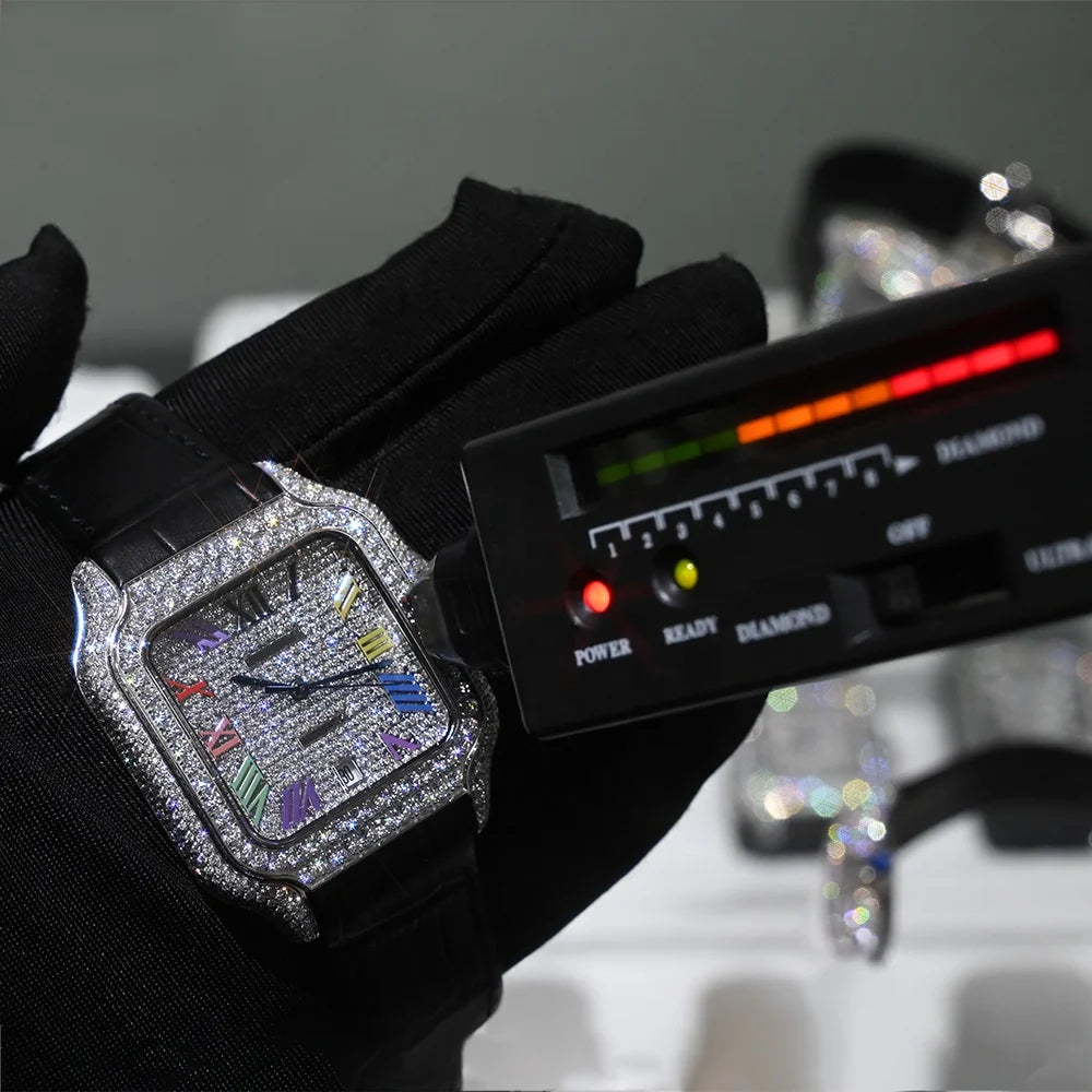 Hip Hop Square Moissanite Watch — Automatic, Leather Strap, Sapphire