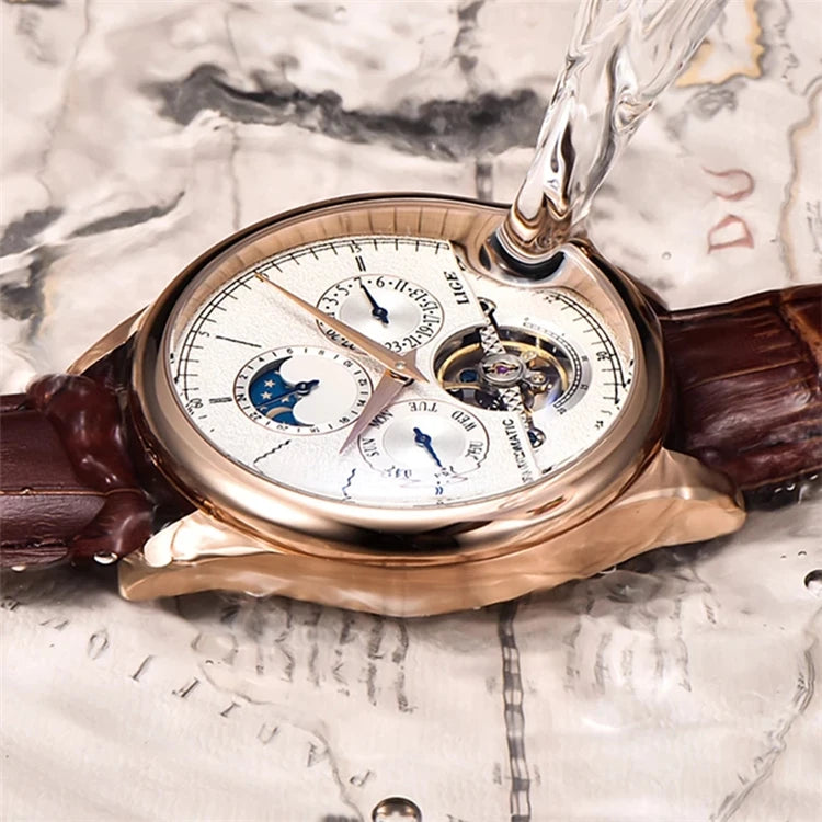 LIGE Skeleton Moon Phase Quartz Watch — 42mm, Leather, Japan Movement