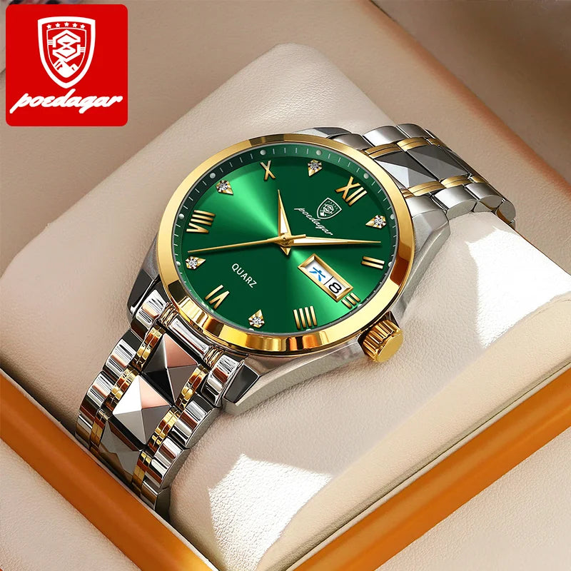 POEDAGAR Luxury Green Dial Sport Quartz Watch — 40mm, 3BAR, Luminous