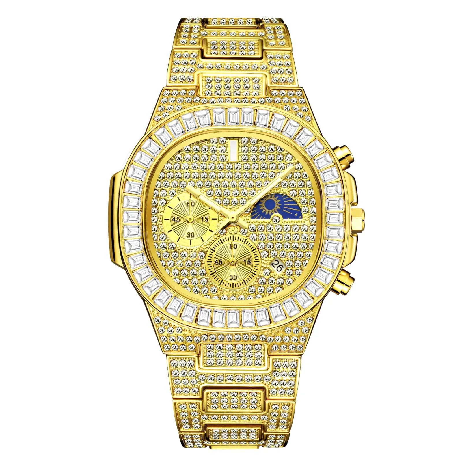 Iced Out Diamond Square Quartz Watch — 44mm, Day/Date, 3BAR