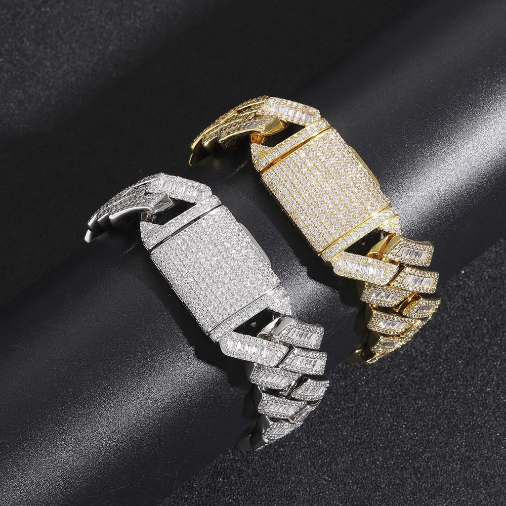 BES 20MM Hip Hop Jewelry New Baguette CZ Cuban Link Bracelet White Gold Plated Iced Out Miami Cuban Link Bracelet Bangle for Men