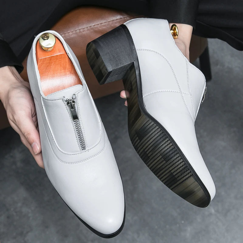 Size 37-44 Block Heel Male Dress Shoes Slip Resistant Zip Closure White Color Men Wedding Shoes