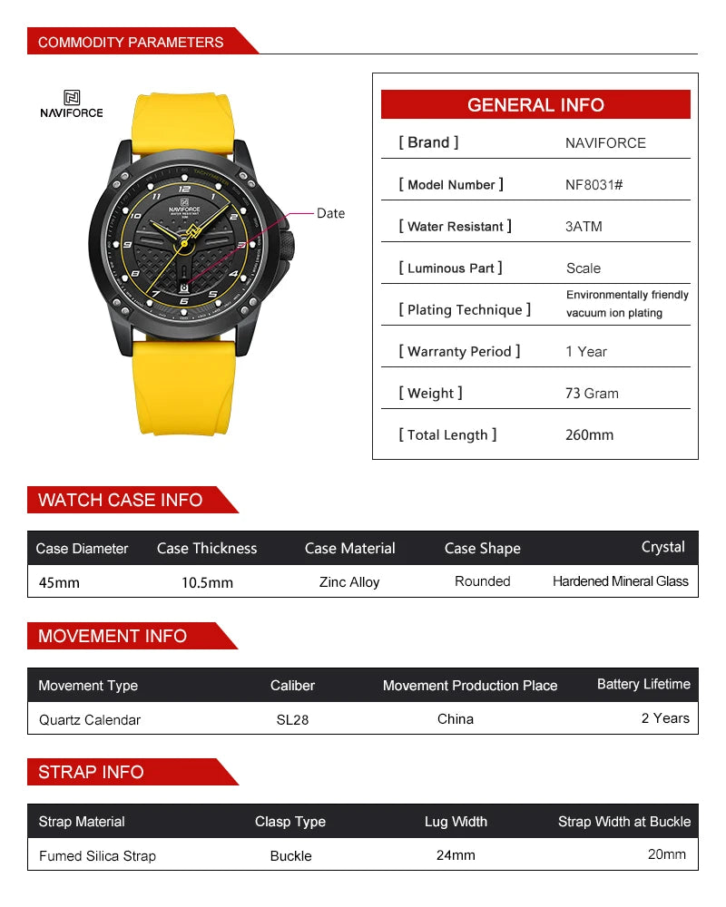 NAVIFORCE 8031 Oval Sport Watch — Silicone, Luminous, Day/Date